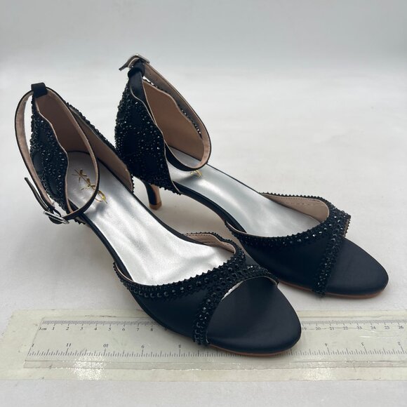 XYD Black Open Toe Rhinestones Ankle Strap Sandals Low Heel Bridal Evening Shoes - Picture 4 of 8